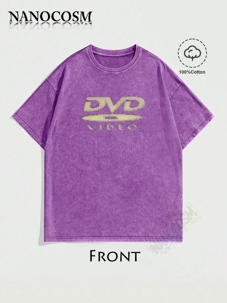 [100% Cotton] DVD Video Nostalgic Green Logo Vintage Gaming Print T-Shirt 2000s Aesthetic Retro Summer Shirt - Unisex Women & Men's Campus Daily Wear - Washed T - Rple - 查看 1