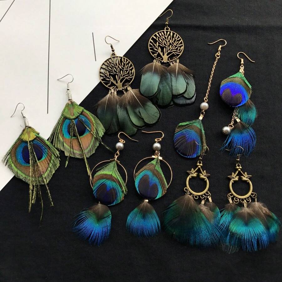 Boho ‑Chic Tree‑Of‑Life Peacock‑Feather Earring Set, Dainty Multi‑Design Antique‑Bronze Long‑Drop Kit For Vacation‑Style Streetwear - 款式四 - 查看 1