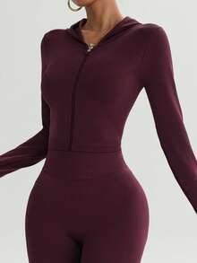 Damen Fitness-Yoga-Jacke in Burgunderrot mit Daumenlöchern, Slim Fit, Bauchkontrolle, Sommerstil - Bordeaux - Übersicht 7