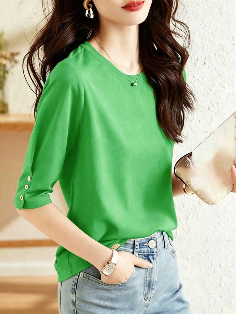 Atasan Kasual Lengan Sedang dengan Desain Kancing, Model Baru Fashion Musim Panas, Kaos Lengan 3/4 Leher Bulat Serbaguna untuk Wanita, Melangsingkan - Cadet Blue - View 1