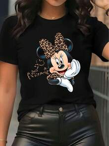Disney Women's Printed T-Shirt, Minnie Mouse Leopard Print Bow Cute Cartoon Print, Short Sleeve Crew Neck, Casual, Comfortable, Stylish, And Versatile, Suitable For Spring, Summer, And Autumn, Casual Wear, Optimistic Design, Stretchy FabricUnisex, Couple Shirts, Excellent Gifts. - màu đen - Xem 1
