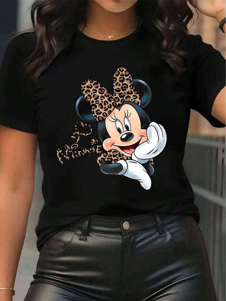 Disney Women's Printed T-Shirt, Minnie Mouse Leopard Print Bow Cute Cartoon Print, Short Sleeve Crew Neck, Casual, Comfortable, Stylish, And Versatile, Suitable For Spring, Summer, And Autumn, Casual Wear, Optimistic Design, Stretchy FabricUnisex, Couple Shirts, Excellent Gifts. - màu đen - Xem 1