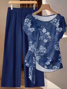 Clasi Conjunto de 2 piezas de camisa de manga corta holgada con lazo y pantalones rectos holgados, de estilo vintage elegante y versátil, con estampado floral azul sobre base blanca, adecuado para otoño/invierno, cómodo y cálido - Multicolor 9 - Ver 2