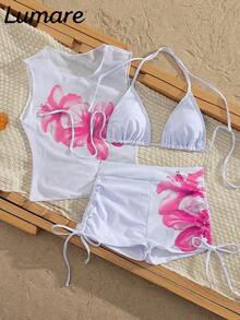Conjunto de bikini de 3 piezas/set: Top halter casual y sexy con cubierta de malla floral transparente, Bottom de traje de baño con lazos laterales, tela con estiramiento moderado, adecuado para vacaciones, playa, actividades en la piscina, fiestas en la playa, vacaciones de verano - Multicolor 4 - Ver 5