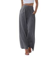 Pantalones de lino holgados de talla grande para mujer, con bolsillos y cordón ajustable, de pierna ancha. - Rojo - Ver 4