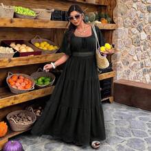 Nuevo Vestido Vintage de Primavera con Cuello Cuadrado Estampado de Talla Grande y Manga Corta - Verde - Ver 3