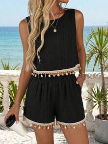 LUNE Conjunto de 2 piezas de blusa sin mangas con parches de encaje y shorts, adecuado para vacaciones de verano, ir al trabajo y uso diario - Negro - Ver 3
