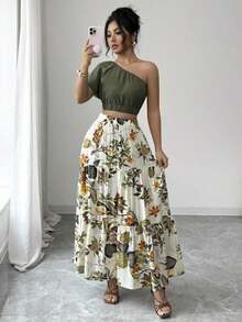 Blusa ajustada de manga corta con hombro asimétrico en color verde elegante + Falda ajustada en línea A de color beige elegante, ropa de vacaciones/resort - Burdeos - Ver 7
