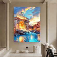 Enmarcado Lienzo impreso plano 2D con fuente romana -  plano 2D , diseño de edificio histórico vintage con cielo al atardecer y cascada, ideal para dormitorio, decoración de sala de estar, dormitorio universitario y regalo para el hogar,  de fuente, obra de arte para sala de estar, obra de arte de cielo dramático, plano 2D - Enmarcado - Ver 2