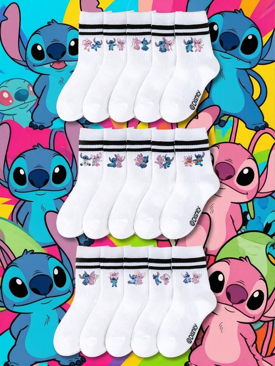 Disney 5/10/15 双装 Stitch Angel 图案儿童袜子,卡通设计,黑白条纹中筒袜,男女童短袜,柔软透气防滑休闲袜,酷炫卡通短袜,可爱休闲风格,日常穿着/派对礼物/复活节/夏季 - 彩色 - 查看 1