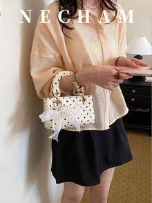 1pc Fashionable Scarf Strap Decor Polka Dot Shoulder Bag, Korean Ins Style - White - View 3