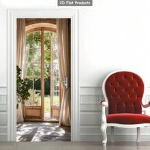 1/2pcs Landscape Wall Sticker, Peaceful Space Door Decal, Indoor/Outdoor Removable Door/Wall Mural, Nature Connecting Door Wall Sticker, Garden Scenery Door Decal, Large Window Door Sticker, Home Decor 2D Flat - A - View 4