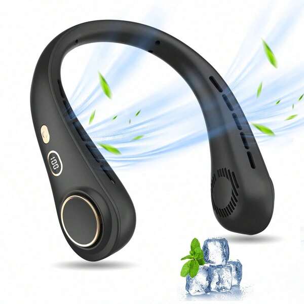 Ventilador de cuello con pantalla digital para personas relajadas, gadget esencial manos libres, mini portátil, larga duración de batería, funcionamiento silencioso, sin enredos de cabello, adecuado para actividades al aire libre, flujo de aire potente, fresco en verano