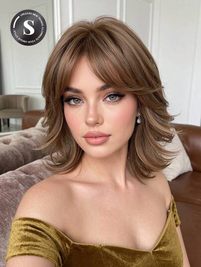 12 Inch Brown To Gold Gradient Fluffy Layered Bob Wig With Bangs, Made Of Natural Silky Texture Heat-Resistant Synthetic Hair, Tangle-Free And Shed-Resistant Breathable Mesh Cap, Fashionable And Realistic Hairstyle For Daily Wear And Dating, Popular Women's Hair Accessory