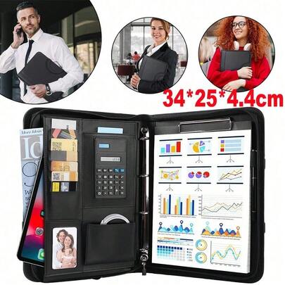 A4 Folder Briefcase, PU Leather, With A 25-Page Notebook, Pen, Calculator, 4 Ring Binders, 9 Card Slots, And 10 Transparent File Bags | Professional Business Document Organizer, Suitable For Meetings, Interviews, And Classes, An All-In-One Document Writing Set.