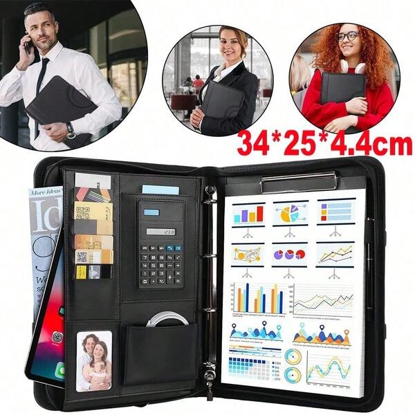 A4 Folder Briefcase, PU Leather, With A 25-Page Notebook, Pen, Calculator, 4 Ring Binders, 9 Card Slots, And 10 Transparent File Bags | Professional Business Document Organizer, Suitable For Meetings, Interviews, And Classes, An All-In-One Document Writing Set.
