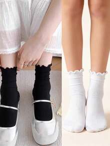 1 Pair White Thin Striped Ruffle Short Socks, High Elasticity Soft Breathable, Sweet Lolita Style, Perfect For Daily Casual Dating Lolita Outfits - Multicolor - View 19