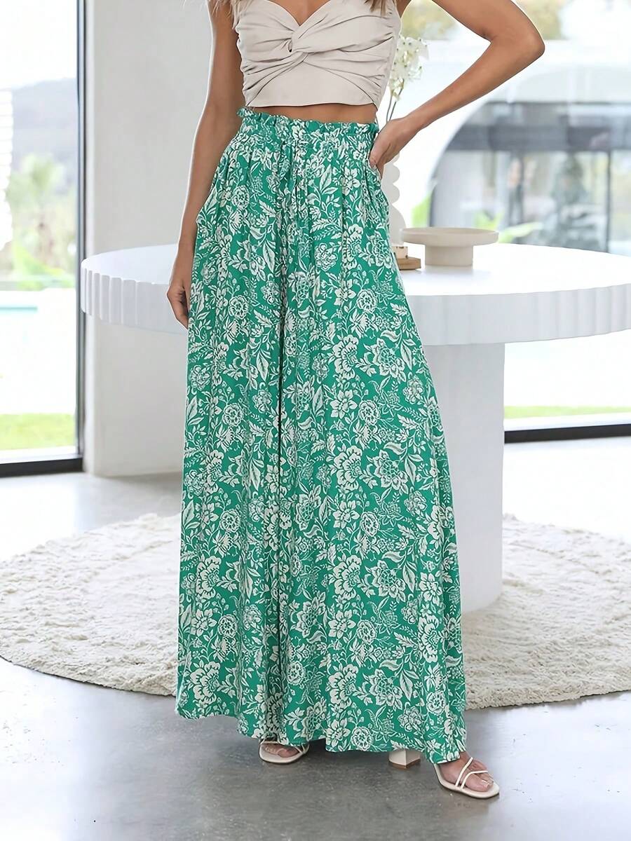 Women's Wide Leg Trousers With Elastic Waist And Print - Green and White Flowers - View 1