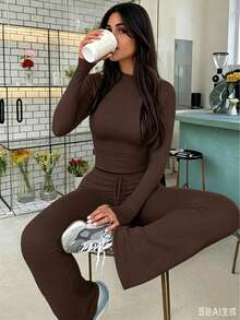 Women's Casual Clothing Solid Color Two-Piece Women's Casual Waist Pleated Long-Sleeved Top With Trousers Suit - nâu sẫm - Xem 2