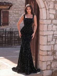 Faeriesty Women's Shiny Sequin Mermaid Dress, Sleeveless Spaghetti Strap Neckline Design, Open Back, Suitable For Formal Party Occasions Wedding Black - 黑色 - 查看 2