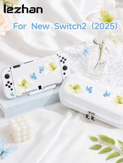 1 chiếc ốp bảo vệ in hình hoa ly và bướm, tương thích với Switch 2 (2025), Switch NS/Switch OLED/Lite, phụ kiện cho máy chơi game Switch 2, bộ đầy đủ bao gồm túi đựng, đế có khe cắm thẻ, ốp bảo vệ Switch, món quà lãng mạn dành cho người chơi Switch.