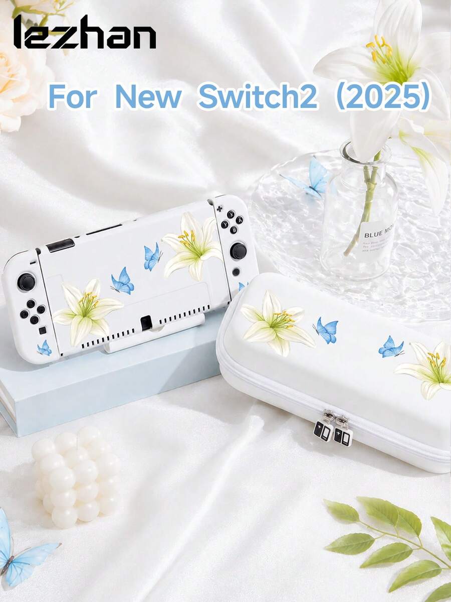 1个百合花蝴蝶图案保护套,兼容新款Switch 2(2025)、Switch NS/Switch OLED/Lite,Switch 2主机配件,全套包含收纳袋、卡槽底座、保护套,送给Switch玩家的浪漫礼物 - 彩色 - 查看 1