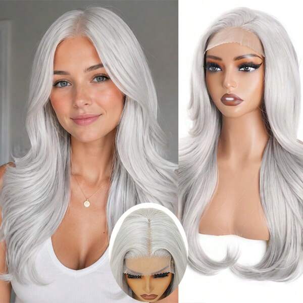 26inch Platinum Gray 4x6 Lace Front Wig – Synthetic Hair Long Wavy Wig, Soft Shiny Fiber, Natural Hairline, No Glue, Women's Daily Fashion Party Cosplay Hair Extension