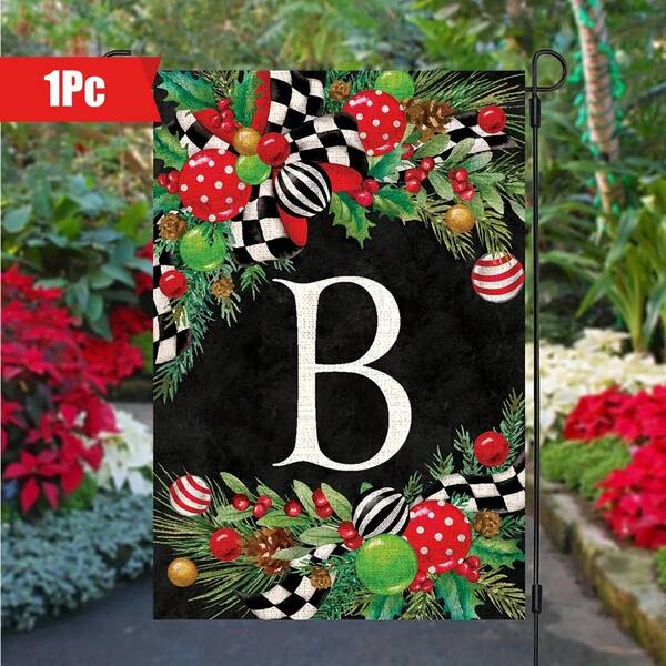 1pc Linen Christmas Monogram Letter Garden Flag - Initial Personalized Family Name Yard Banner Sign, 12x18 Inches, Double-Sided Print, Festive Holiday Outdoor Decoration, Yule Holly Design, No Flagpole Included,4th Of July,Outdoor Decor,Patio Decor