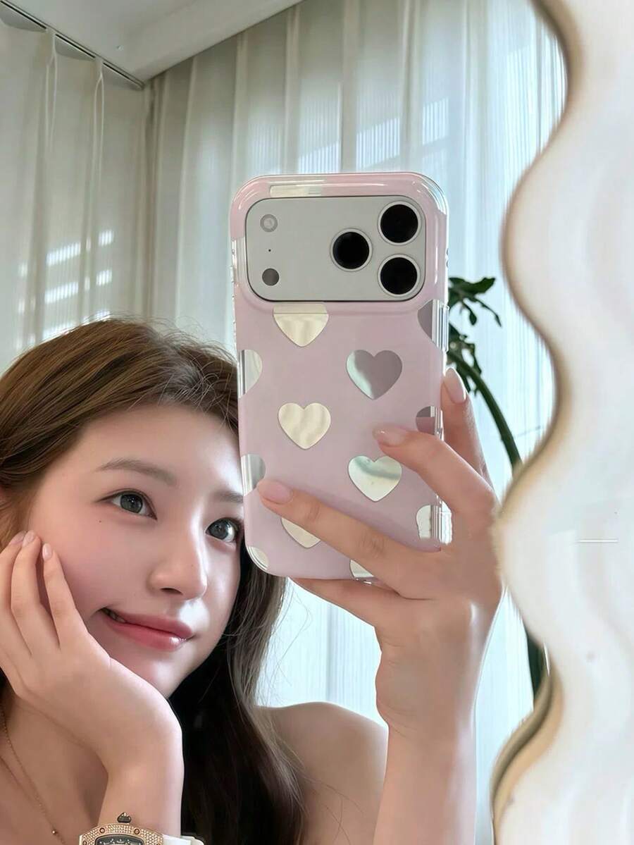 Ins Korean Style Minimalist Soft Girl Cream Solid Color Heart Phone Case Compatible With Iphone 17, 17 Pro, 17 Pro Max, 16, 16 Pro Max, 14, 18, 18 Pro Max, Full Coverage Protective Cover, Women's - Pink - View 1