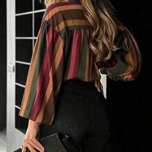 Camisa casual de mujer con bloques de color | Diseño retro a rayas + manga farol, estilizador y favorecedor, blusa transparente vintage que se ve increíble | El diseño a rayas con bloques de color agrega sofisticación, excelente para ir al trabajo y citas, vacaciones, primavera - rayas azules y marrones - Ver 6
