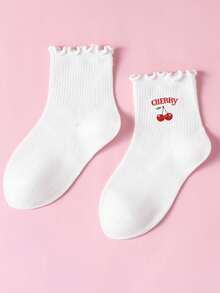 1/5/10 Girls' Ruffled Cherry Letter Mid-Calf Breathable White Sweet Student Everyday Versatile Children's Socks - Multicolor - View 3