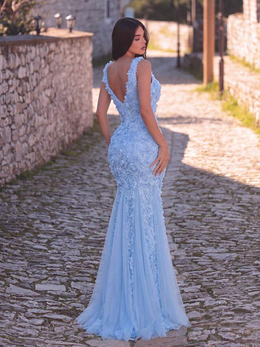 Faeriesty Elegant Women's Sleeveless Deep V-Neck Mermaid Style Long Dress, With Hollow Mesh Back Design Fall Wedding - Blue - View 1