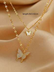 1 Piece Double Layer Butterfly Necklace, Elegant Clavicle Chain, Minimalist Design - Gold Yellow - View 4