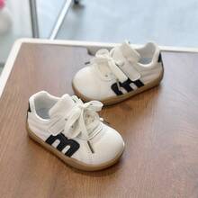 1 par de zapatos para niños talla 21-30, zapatos pequeños blancos con cordones de imitación de cuero, zapatillas casuales con suela blanda antideslizante para bebés/niños pequeños, unisex adecuados para todas las estaciones - Negro - Ver 3
