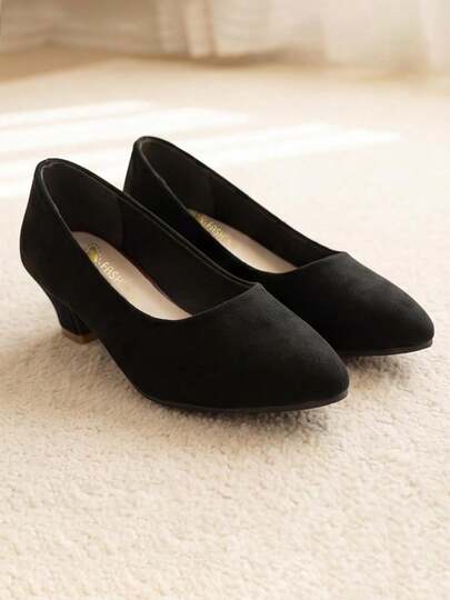 Spring/Summer Best Seller - Girl's High Heels. Black Suede Material + Pointed Toe + Low Vamp Design. Cone-Shaped Low Heel Anti-Fatigue. Simple Versatile Style. Suitable For Daily Commute, Interview, Date And Light Business Occasions.