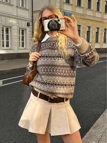 Plus Size Women's Vintage Fair Isle Pattern Sweater, Round Neck Long Sleeve Loose Fit, Casual Retro Autumn/Winter - Grey - View 8