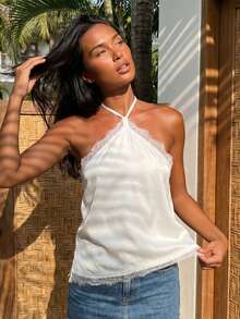 Womens Lace Trim Halter Tops Summer Fashionable Spaghetti Strap Open Back Satin Vest - White - View 3