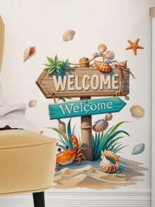 1pc 2D Flat Printed Welcome Sign With Crab, Seashell, Starfish, Seaweed, Wall Sticker, Creative DIY Self-Adhesive Removable Double-Sided Visible PVC Decal For Living Room, Bedroom, Door, Window, Glass Decoration - D - View 6