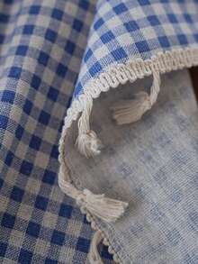 Tokoto Blue Gingham Tablecloth With Tassel Fringe, Farmhouse Cotton Linen Table Cover For Dining Table, Nightstand & Coffee Table Decor, Rustic Boho Plaid Style - Blue - View 10