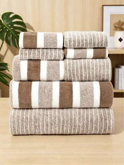Bộ 8 khăn tắm, khăn tắm kẻ sọc mềm mại dùng trong nhà tắm, khăn mặt, khăn thấm hút nhanh khô, thích hợp để lau mặt.