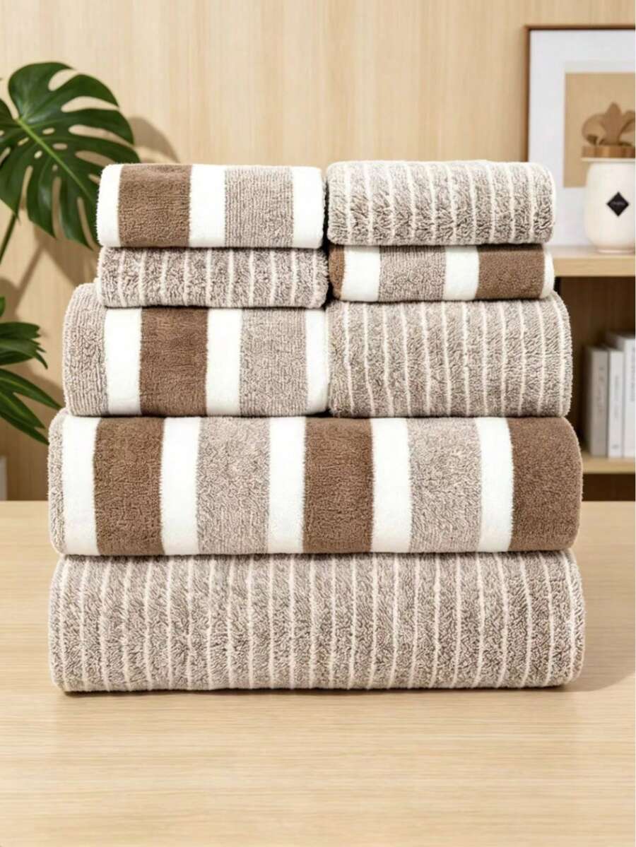Bộ 8 khăn tắm, khăn tắm kẻ sọc mềm mại dùng trong nhà tắm, khăn mặt, khăn thấm hút nhanh khô, thích hợp để lau mặt. - Nhiều màu - Xem 1