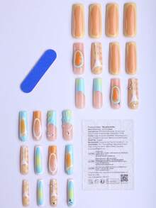 24片長款長方形壓克力美甲貼，夏季日落藍橘色塊漸層效果，3D凝膠光澤，白色水鑽裝飾，美甲貼 - 彩色 - 查看 2