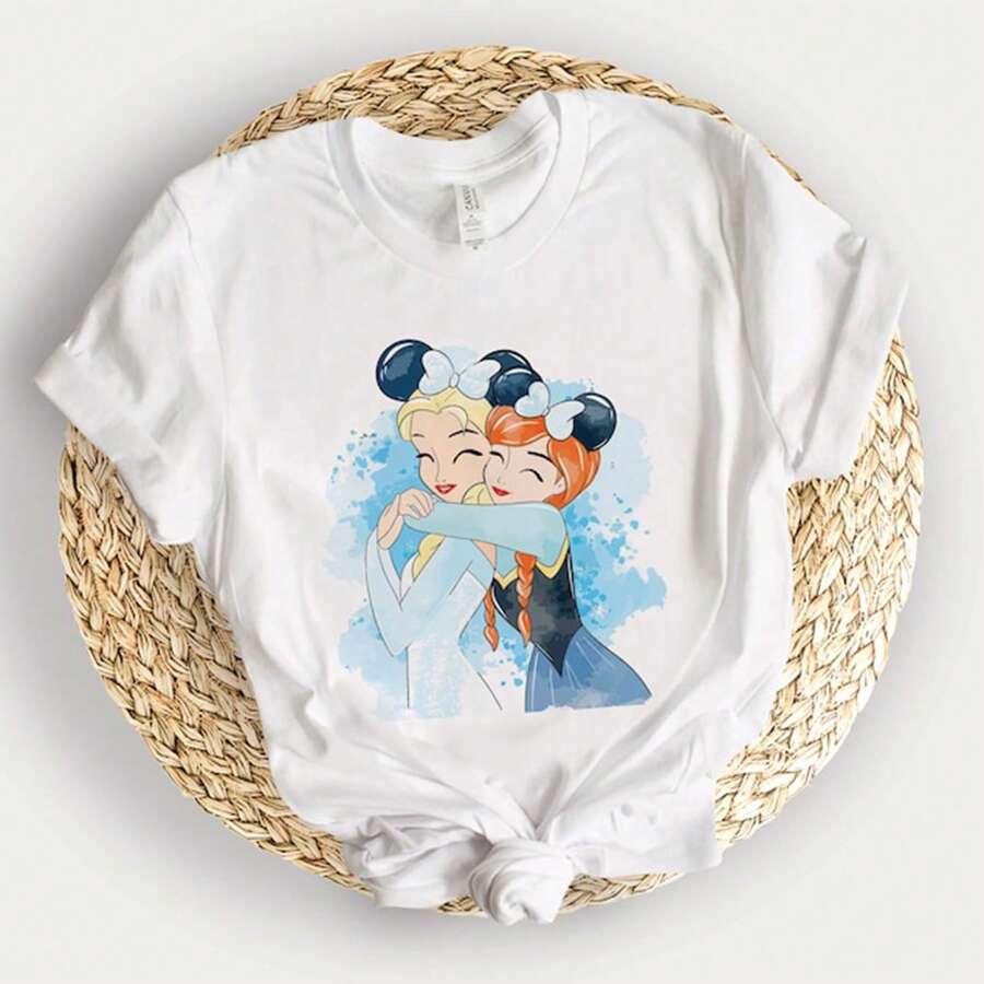 Oversized Disney T-Shirt Disney Princess Elsa T-Shirt Frozen Anna Shirt Disney 100% Cotton Women, Breathable Fabric Day Holiday Gifts - 白色 - 查看 1