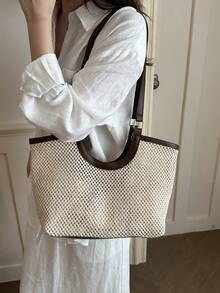 2026 Summer Casual Woven Rope Knot Design Beach Tote Bag, Versatile Large Capacity Travel Essential - Coffee Brown - View 3