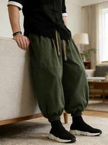 街頭風男士哈倫褲 2026新款 軍綠色抽繩 寬鬆錐腳垂墜休閒燈籠褲 - 軍綠色 - 查看 5
