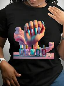 Women's T-Shirt, Casual Ladies' T-Shirt, 100% Cotton, Plus Size, Suitable For All Seasons, With A Fresh Design Print And Wrinkle-Resistant Design. Ideal For Travel And All Seasons. - 黑色 - 查看 8