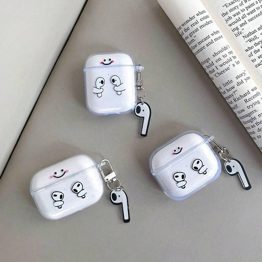 Expression 1pc Cute & Creative Smiling Face Earphone Case + Acrylic Pendant Decoration, Compatible With Airpods 4/3/2/Pro/Pro2/Pro3 Earphone Protective Case - White - View 1