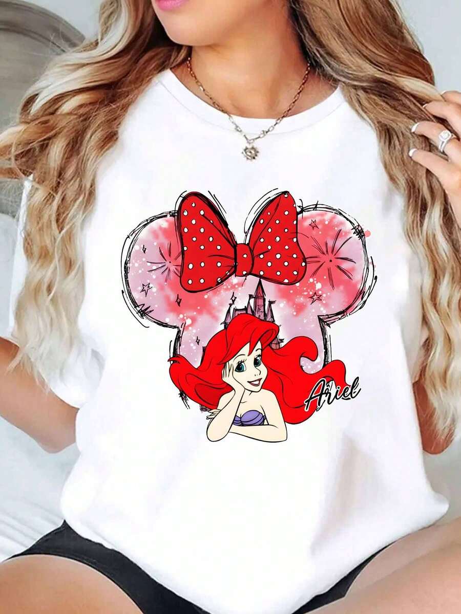 Ariel Minnie Mouse Bow Print Disney Women T Shirt Round Neck Short Sleeve Casual Daily Wear Summer Outfit Soft Comfortable 220g - trắng - Xem 1