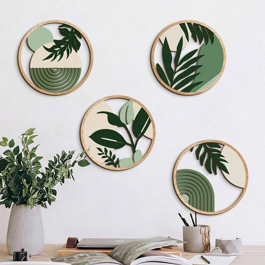 1/4 piezas Colgante de madera estilo bohemio, decoración de pared con planta verde redonda, adecuado para sala de estar, dormitorio, estudio, balcón, baño, etc.