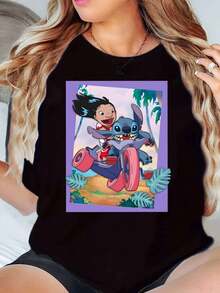 Stitch And Lilo Riding Go Kart Print Disney Women T Shirt Round Neck Short Sleeve Casual Summer Wear For Everyday Outings Soft Comfortable 220g - màu đen - Xem 1